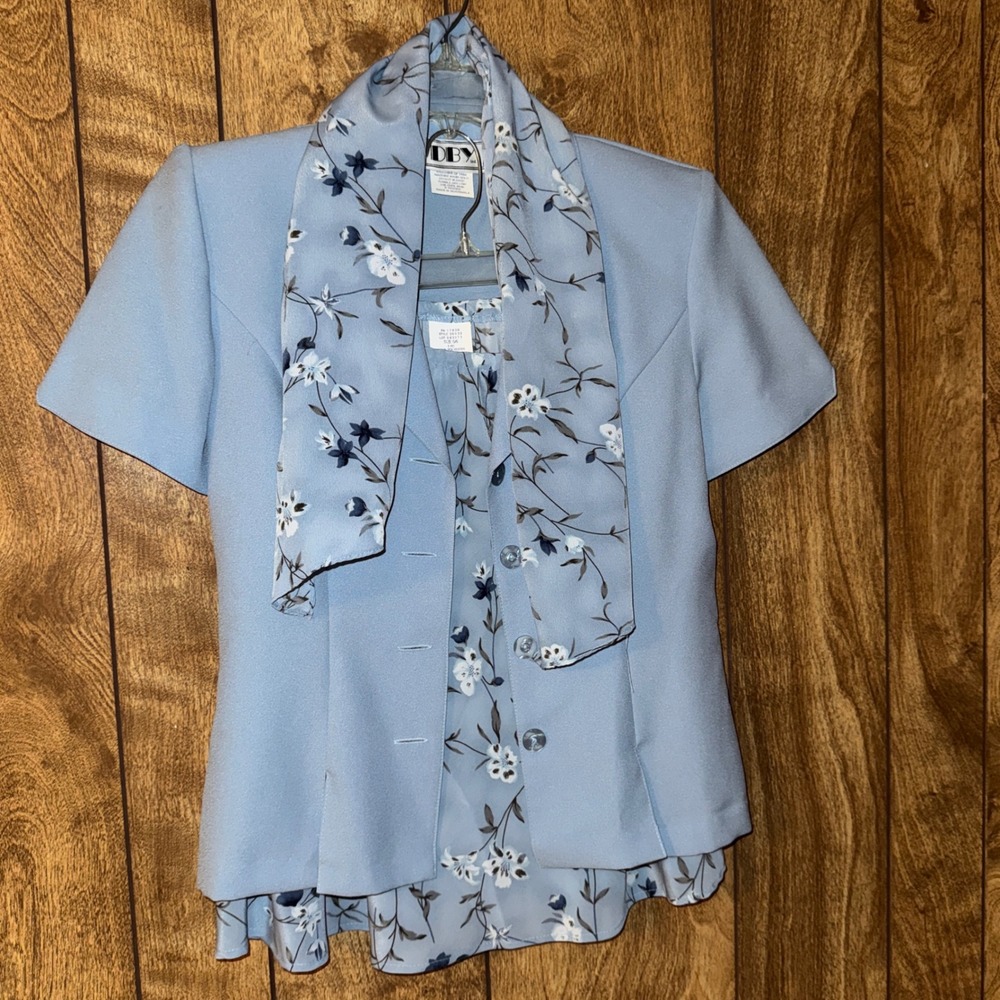 VTG DBY Blue Jacket/Skirt/Scarf Set Dressy Preppy Chic Floral Feminine size 5/6